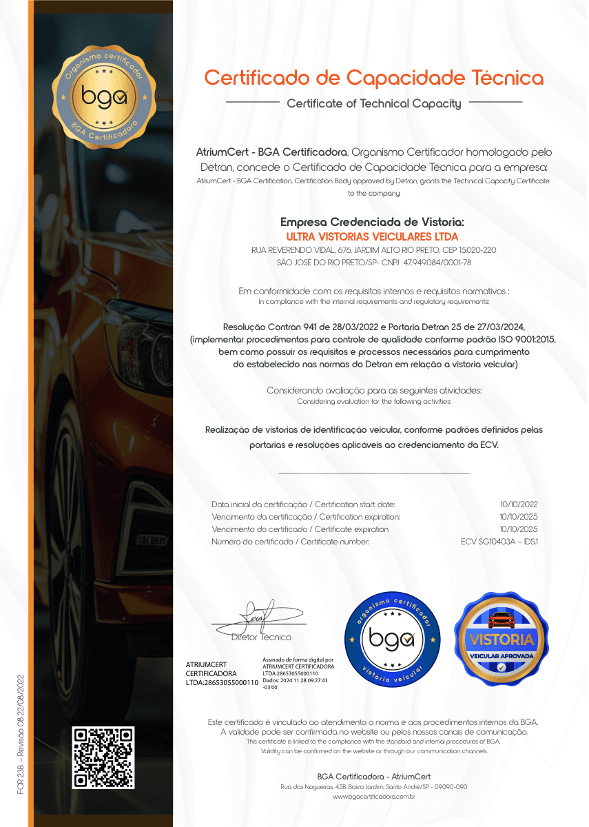 Certificado ISO — Ultra Vision Vistoria Veicular